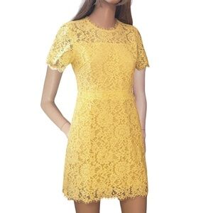 Muse Dress Yellow All-Over Floral Lace Yellow Tule Eyelash Trim Made Italy NWOT
